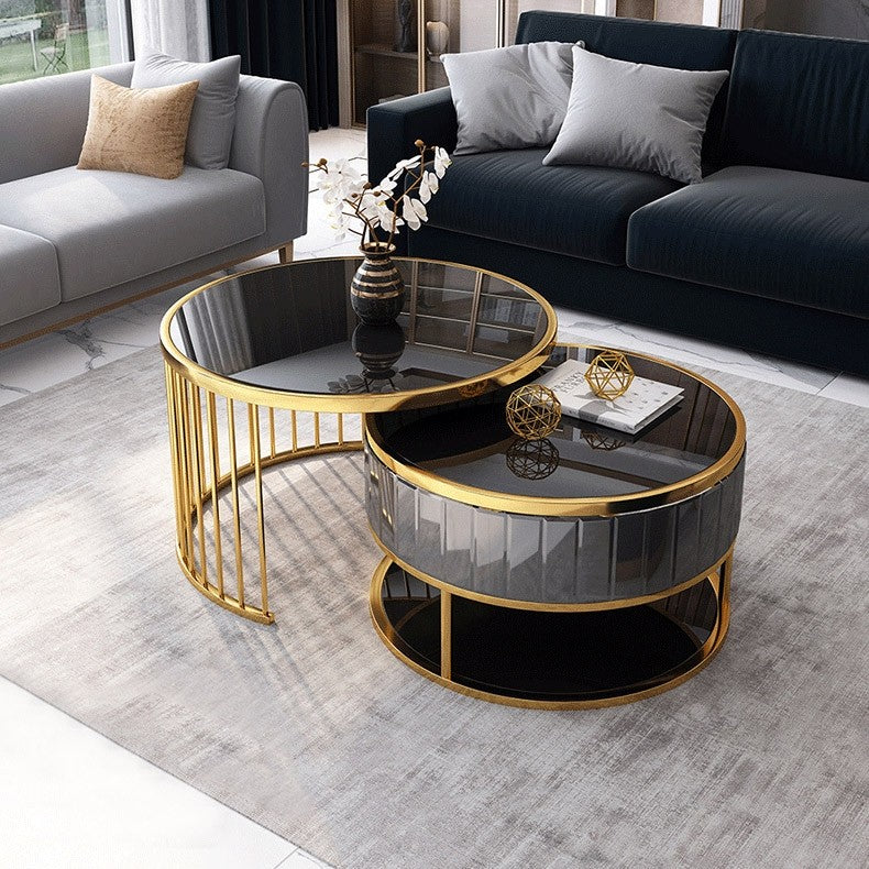Real Modern Black Gold Glass Top Nesting Table With Drawer Storage