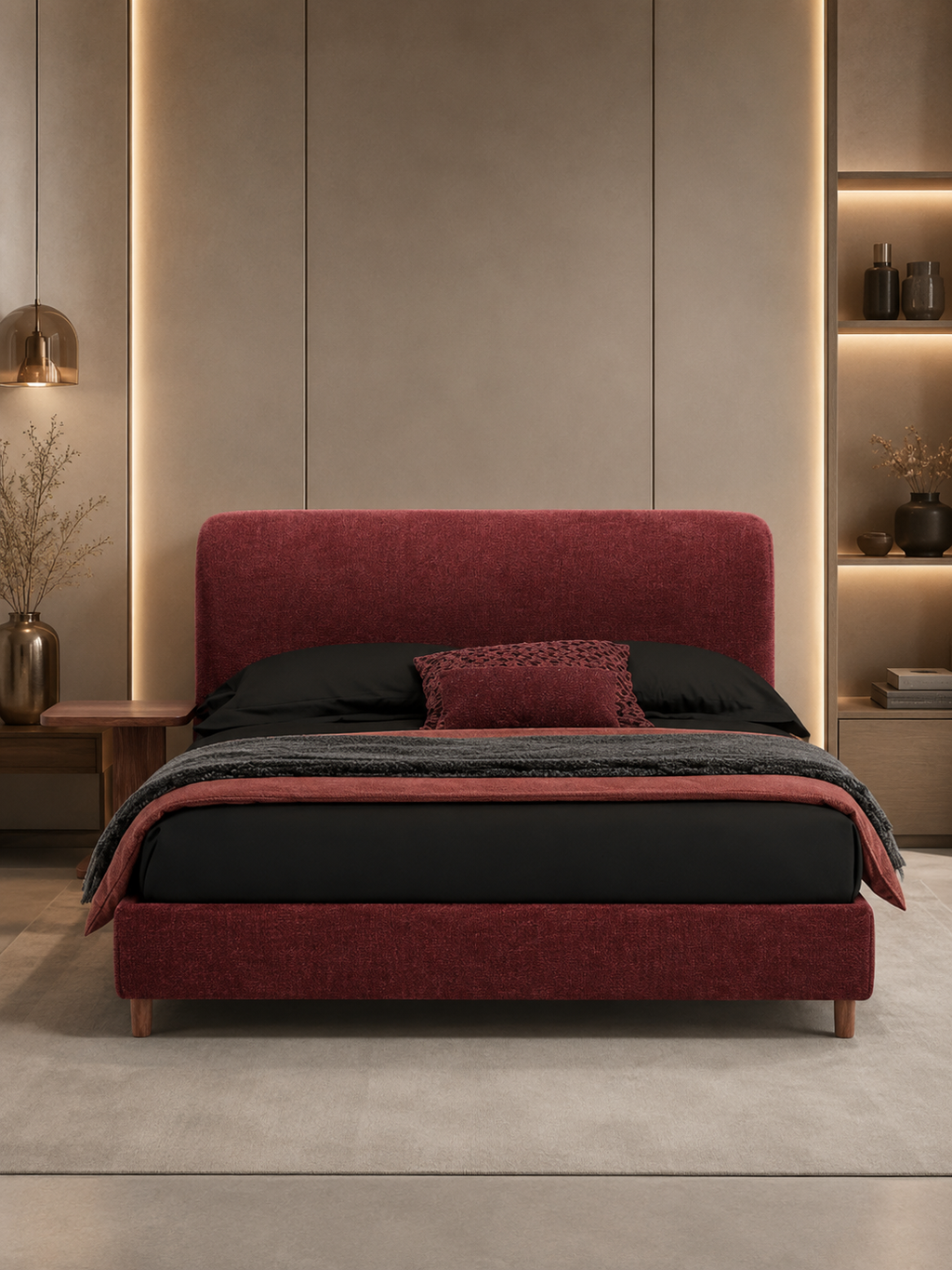 The Veloura Bed — Luxury Curved Upholstered Bed with Integrated Wooden Shelving