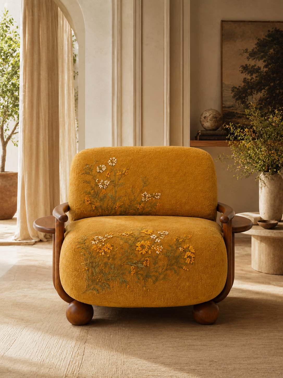 The Marigold Muse Chair — Luxury Floral Teak Wood Accent Chair