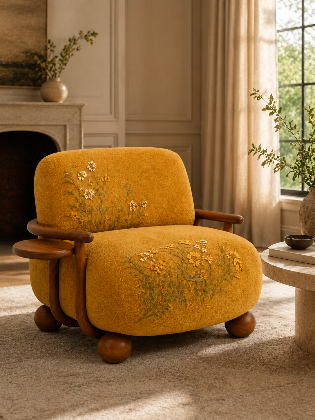 The Marigold Muse Chair — Luxury Floral Teak Wood Accent Chair
