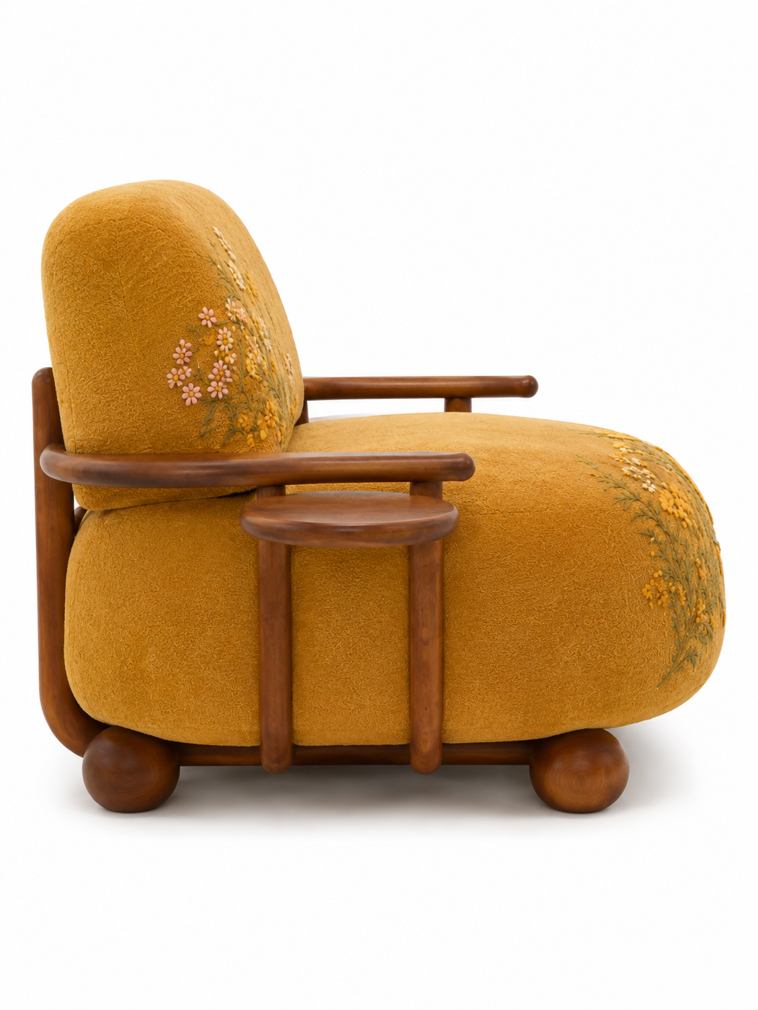 The Marigold Muse Chair — Luxury Floral Teak Wood Accent Chair