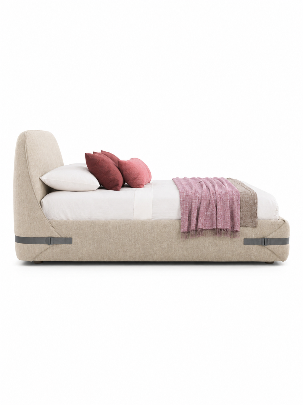 The Norvella Bed — Luxury Curved Upholstered Bed with Signature Strap Detailing