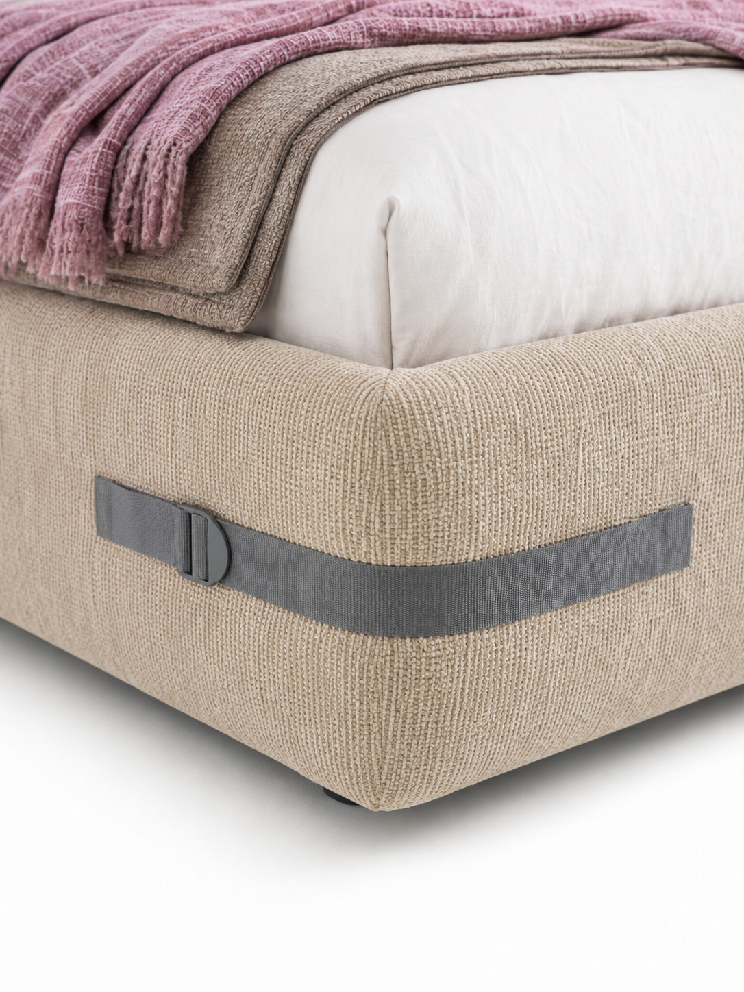 The Norvella Bed — Luxury Curved Upholstered Bed with Signature Strap Detailing