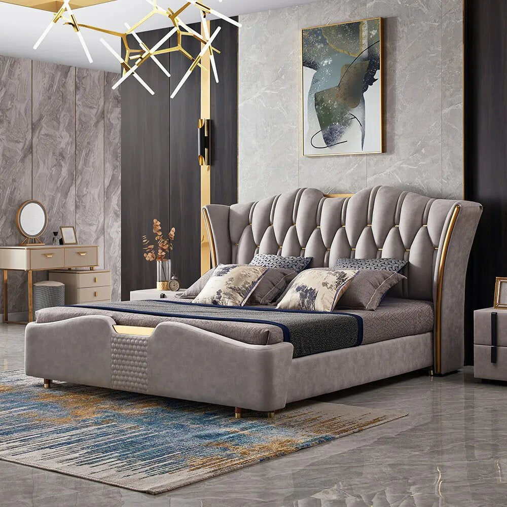 Vogue Modern Wingback Light Gray Upholstered Tufted Bed