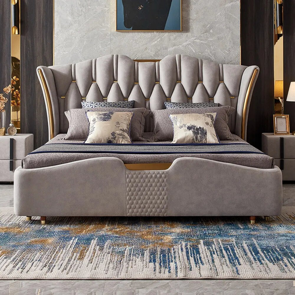 Vogue Modern Wingback Light Gray Upholstered Tufted Bed