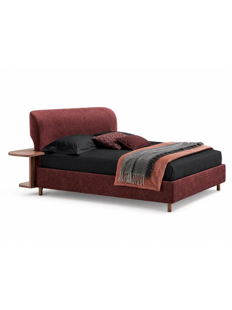 The Veloura Bed — Luxury Curved Upholstered Bed with Integrated Wooden Shelving