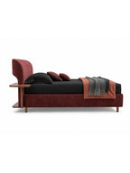 The Veloura Bed — Luxury Curved Upholstered Bed with Integrated Wooden Shelving