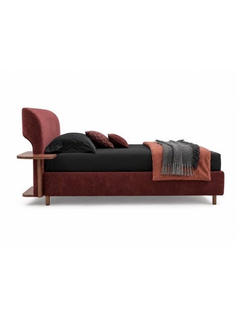 The Veloura Bed — Luxury Curved Upholstered Bed with Integrated Wooden Shelving