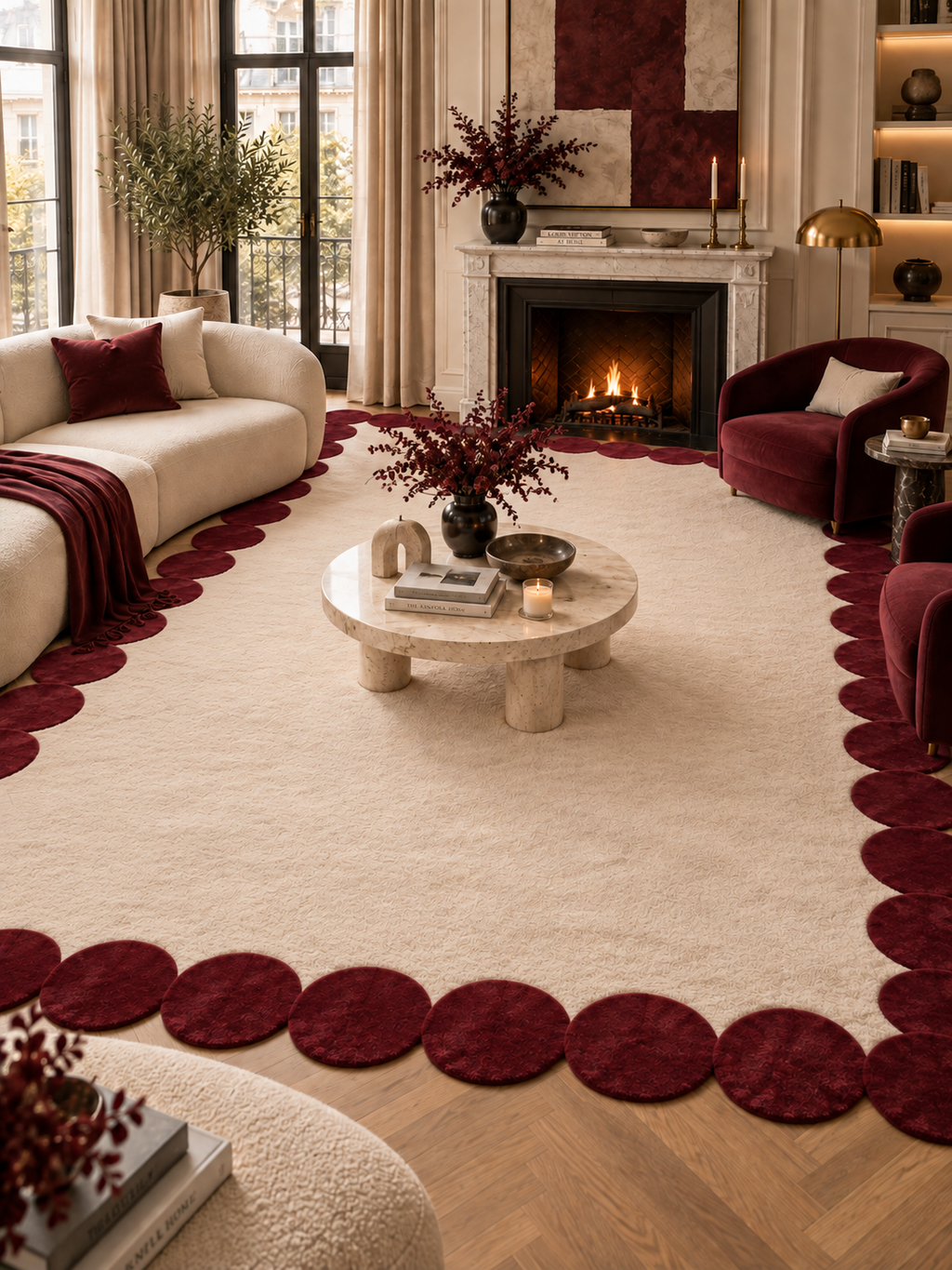 The Rosette Border Rug — Luxury Maroon Scalloped Edge Area Rug