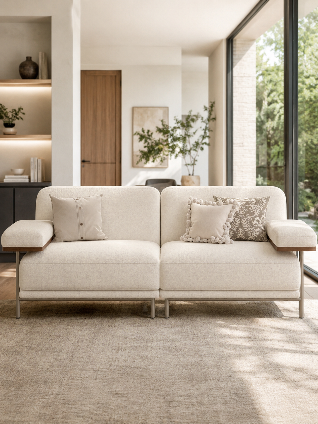Canyon Cream Velvet 2 Seater Modular Sofa With Ash Wood Frame
