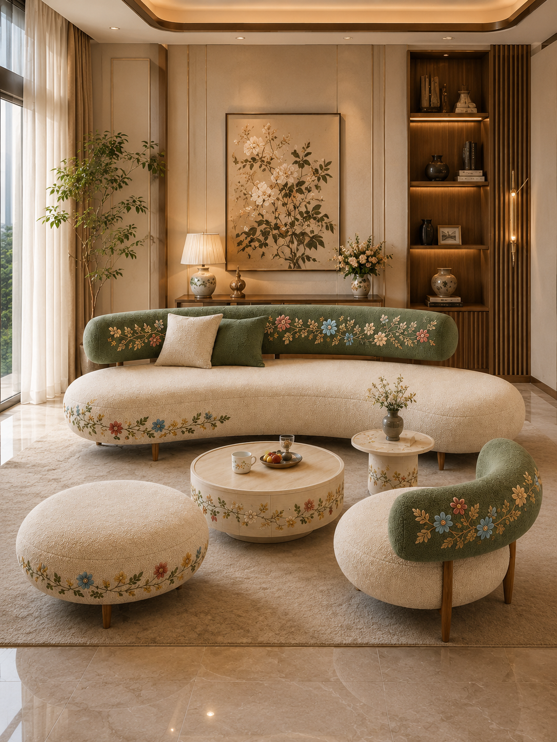 The Sitara Sofa — Luxury Floral Embroidered Curved Sofa