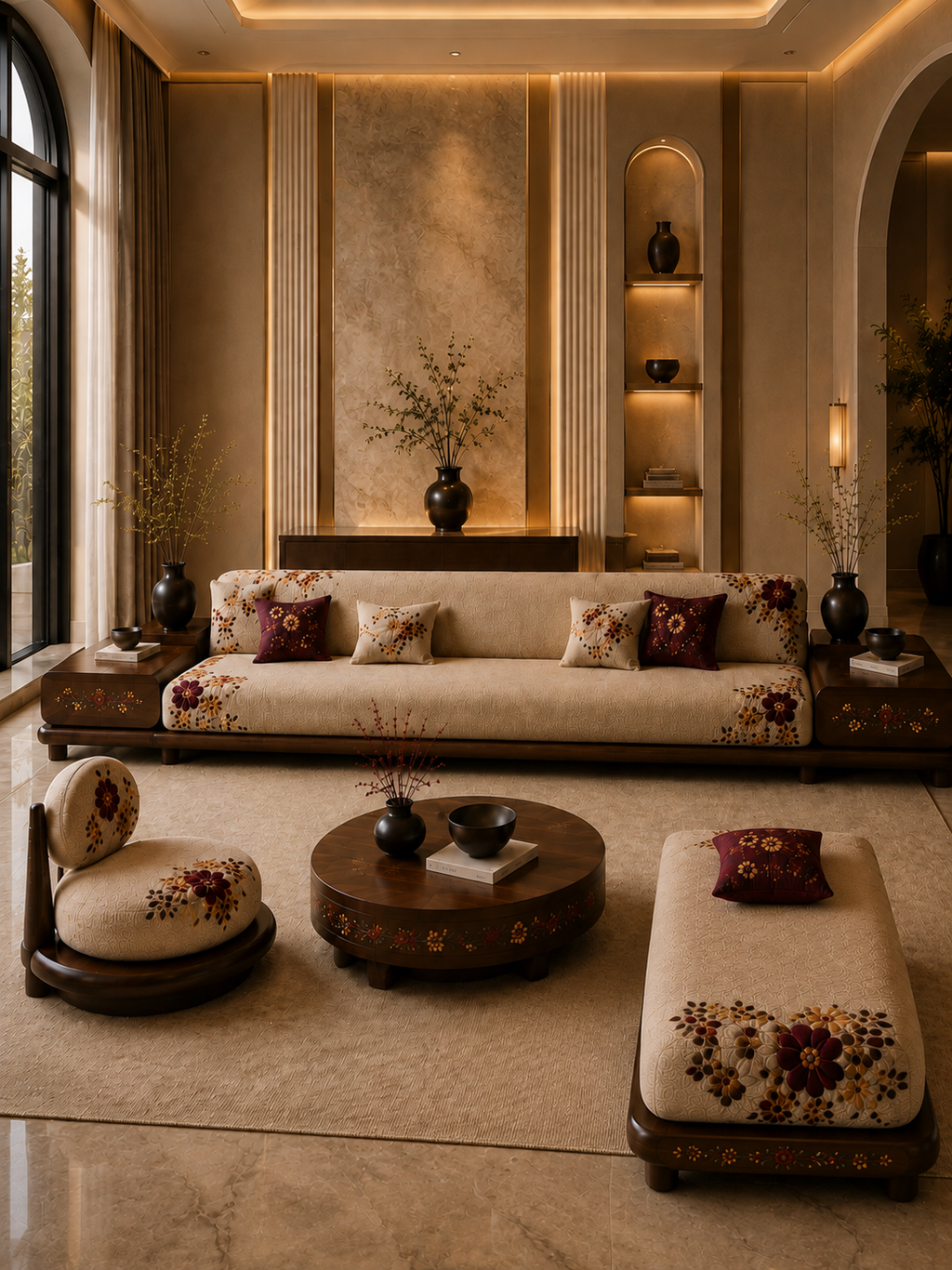 The Gulmira Sofa — Luxury Floral Wooden Sofa