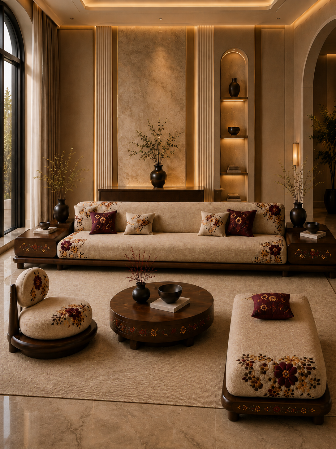 The Gulmira Sofa — Luxury Floral Wooden Sofa