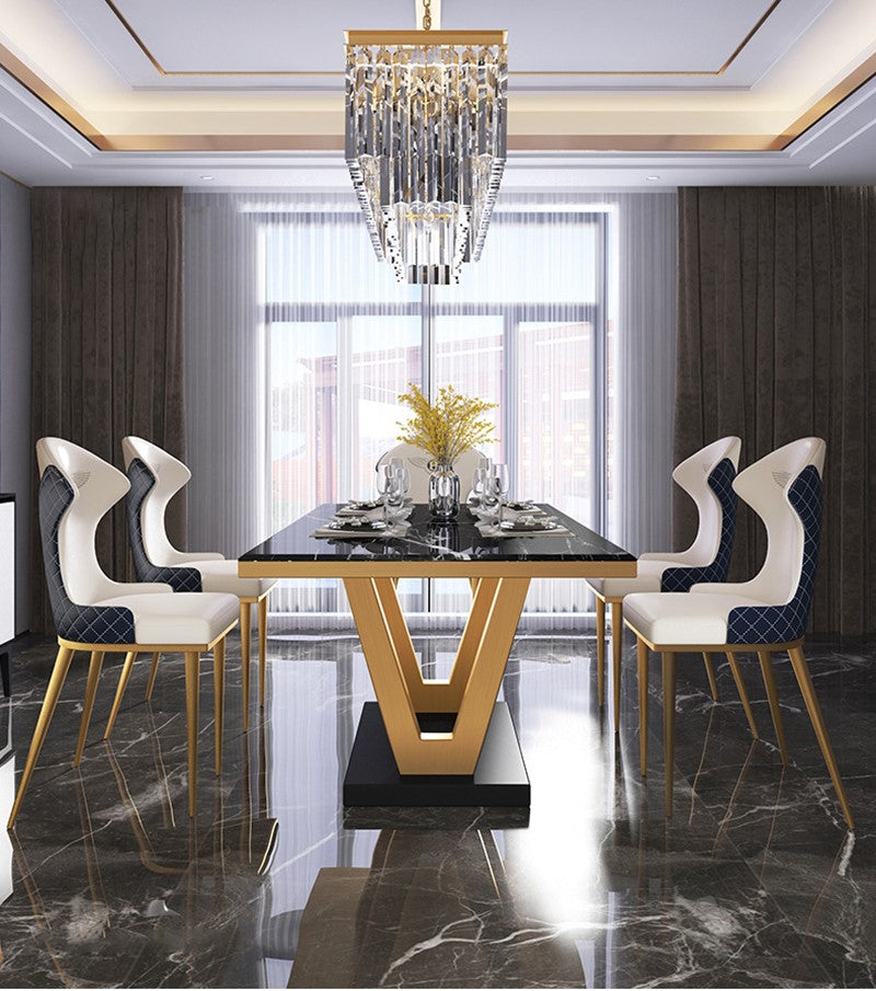 Phoenix Luxury V-Shaped Modern Dining Table with Natural Marble Top and Designer Chairs