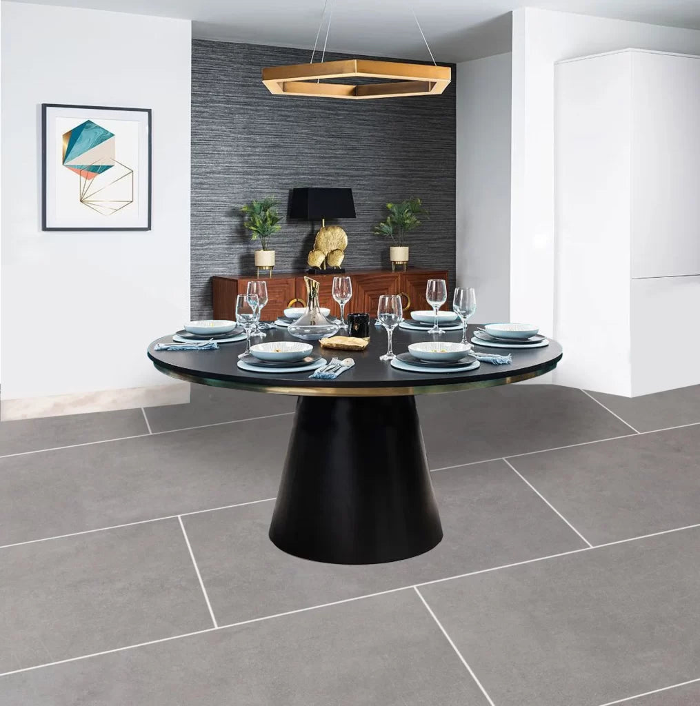 Highborn luxurious Honeycomb round dining table featuring a marble top and a stainless steel base.